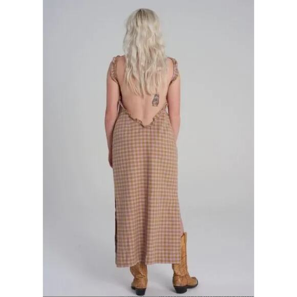 Milk It Bandit Purple Gold Gingham Plaid Ruffle Open Back Midi Dress - Picture 2 of 9
